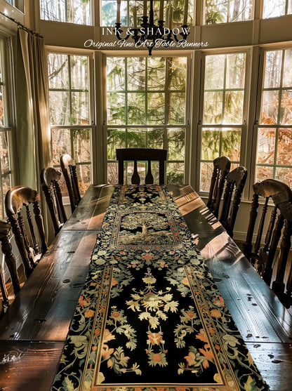 Regal Woodland Tree Table Runner | Floral Heritage Decor Parisian Style Gothic Cottagecore Aesthetic Traditional Dining Room Chateaucore |