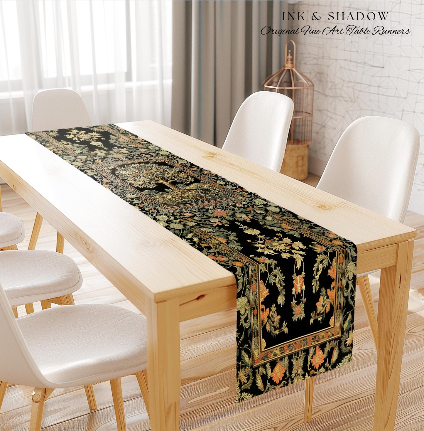 Regal Woodland Tree Table Runner | Floral Heritage Decor Parisian Style Gothic Cottagecore Aesthetic Traditional Dining Room Chateaucore |