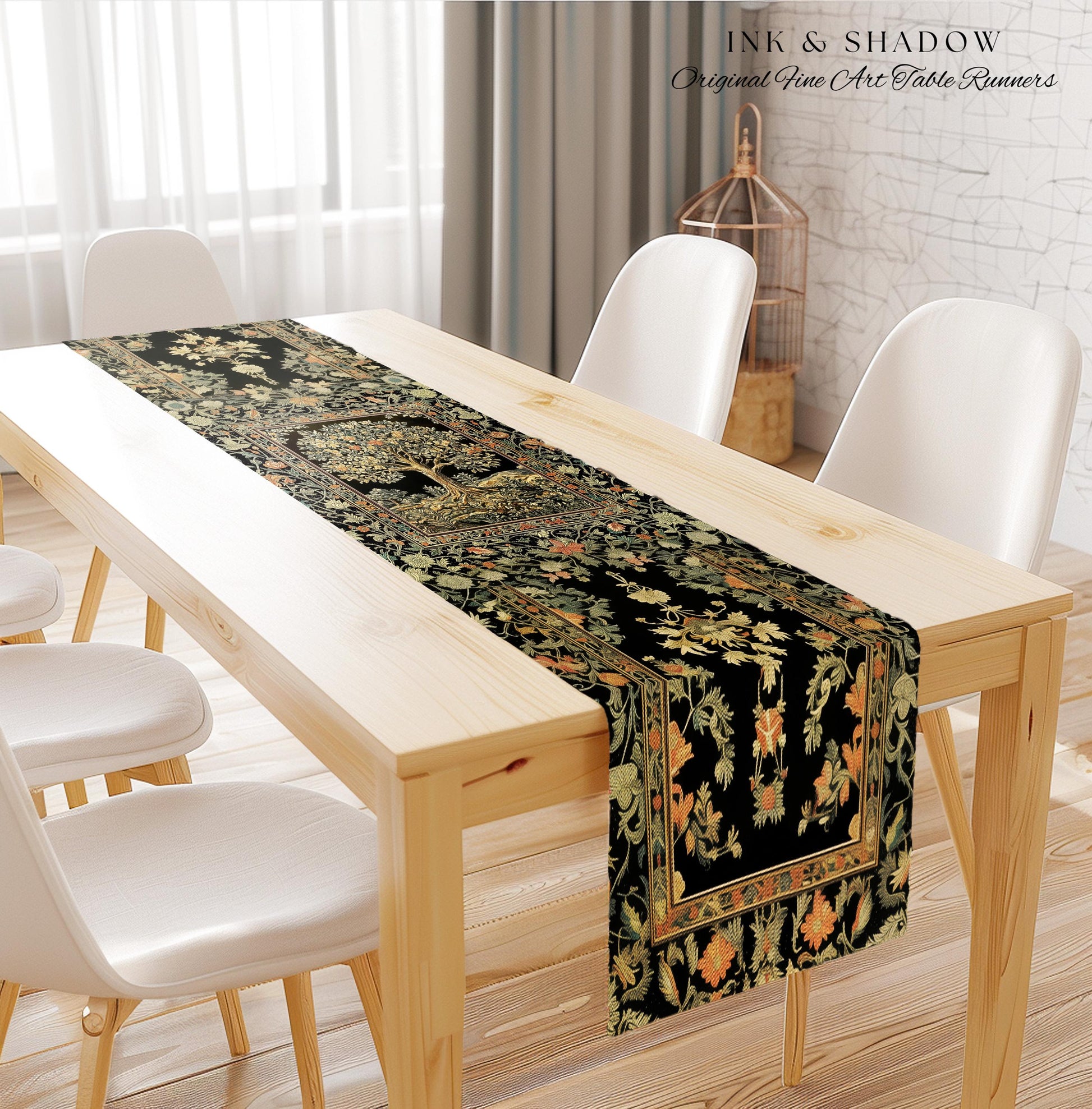 Regal Woodland Tree Table Runner | Floral Heritage Decor Parisian Style Gothic Cottagecore Aesthetic Traditional Dining Room Chateaucore |