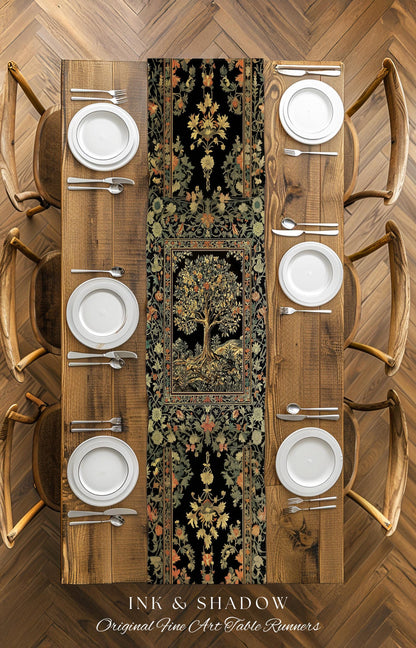 Regal Woodland Tree Table Runner | Floral Heritage Decor Parisian Style Gothic Cottagecore Aesthetic Traditional Dining Room Chateaucore |