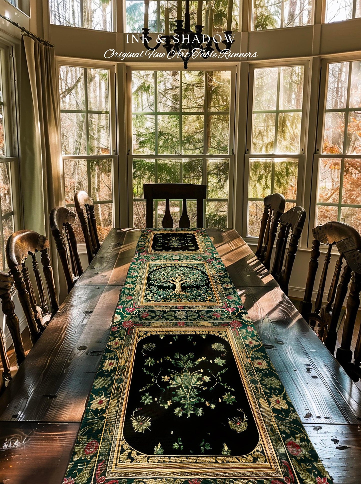 Forest Green Heritage Tree Table Runner | Lush Botanical Dining Room Crimson Floral Border Vintage Cottagecore Maximalist Medieval Aesthetic