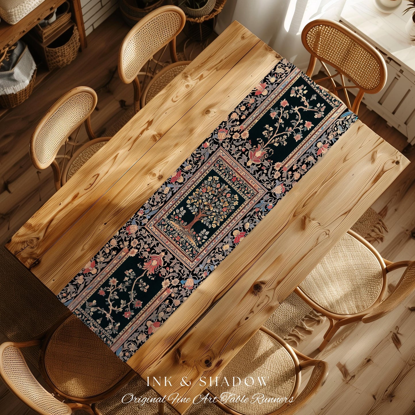 Victorian Folk Art Tree Table Runner | Floral Morris Inspired Dining Room Red Rose Ornate Rococo Classical Medieval Garden Design Maximalist