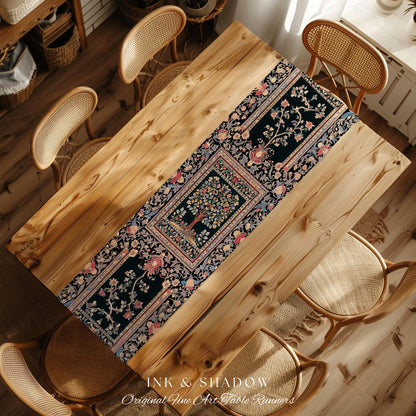 Victorian Folk Art Tree Table Runner | Floral Morris Inspired Dining Room Red Rose Ornate Rococo Classical Medieval Garden Design Maximalist