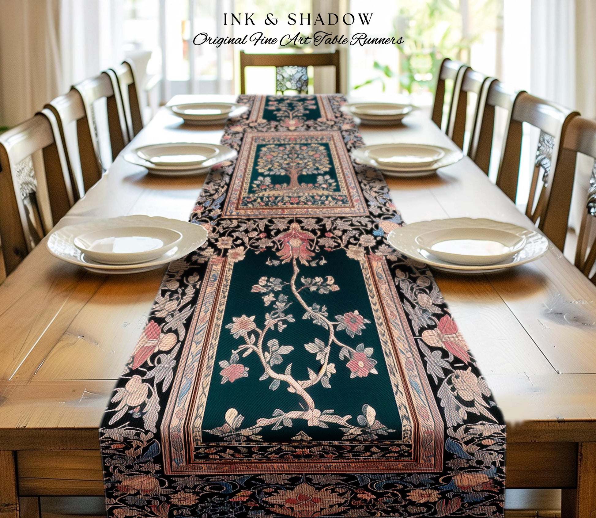 Victorian Folk Art Tree Table Runner | Floral Morris Inspired Dining Room Red Rose Ornate Rococo Classical Medieval Garden Design Maximalist