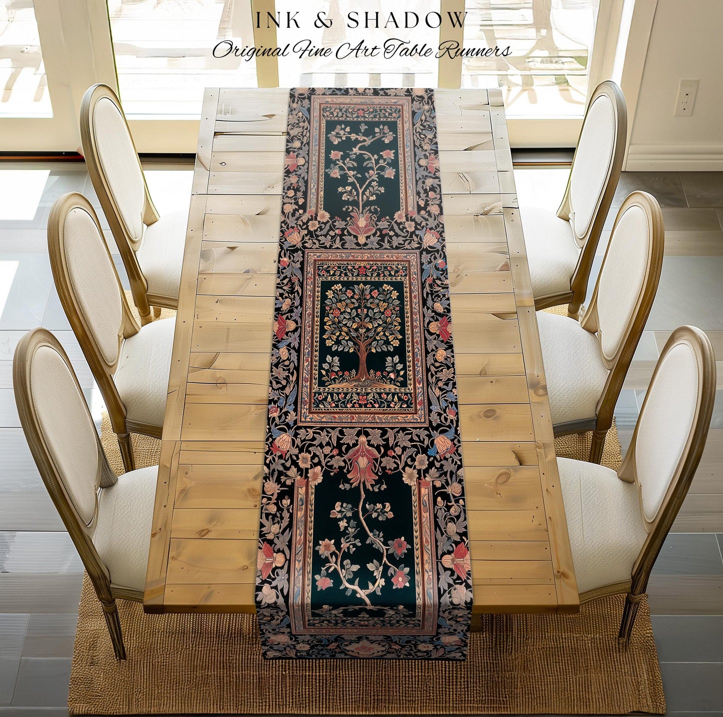 Victorian Folk Art Tree Table Runner | Floral Morris Inspired Dining Room Red Rose Ornate Rococo Classical Medieval Garden Design Maximalist