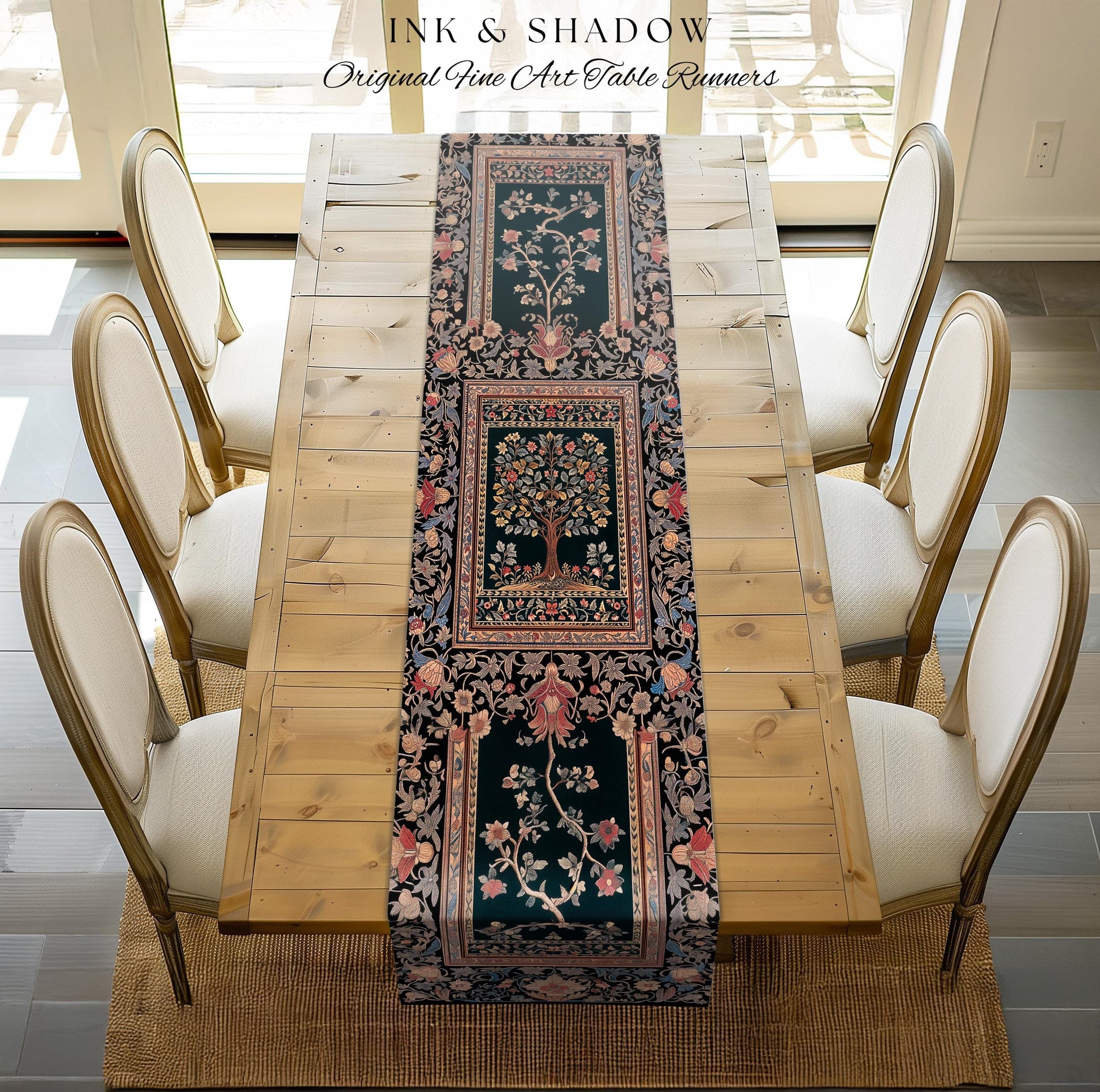 Victorian Folk Art Tree Table Runner | Floral Morris Inspired Dining Room Red Rose Ornate Rococo Classical Medieval Garden Design Maximalist