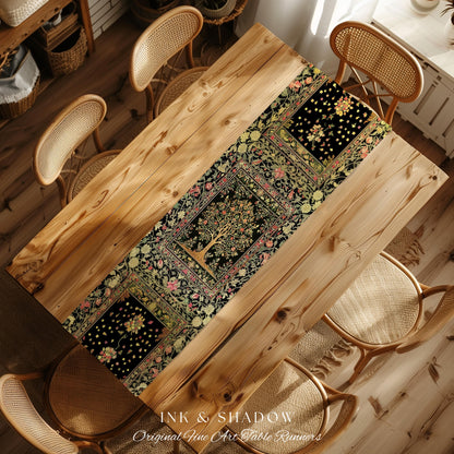 Art Nouveau Maximalist Tree Table Runner | Ornate Botanical Accent Tree of Life Motif Medieval Floral Pattern Romantic Style Morris Inspired