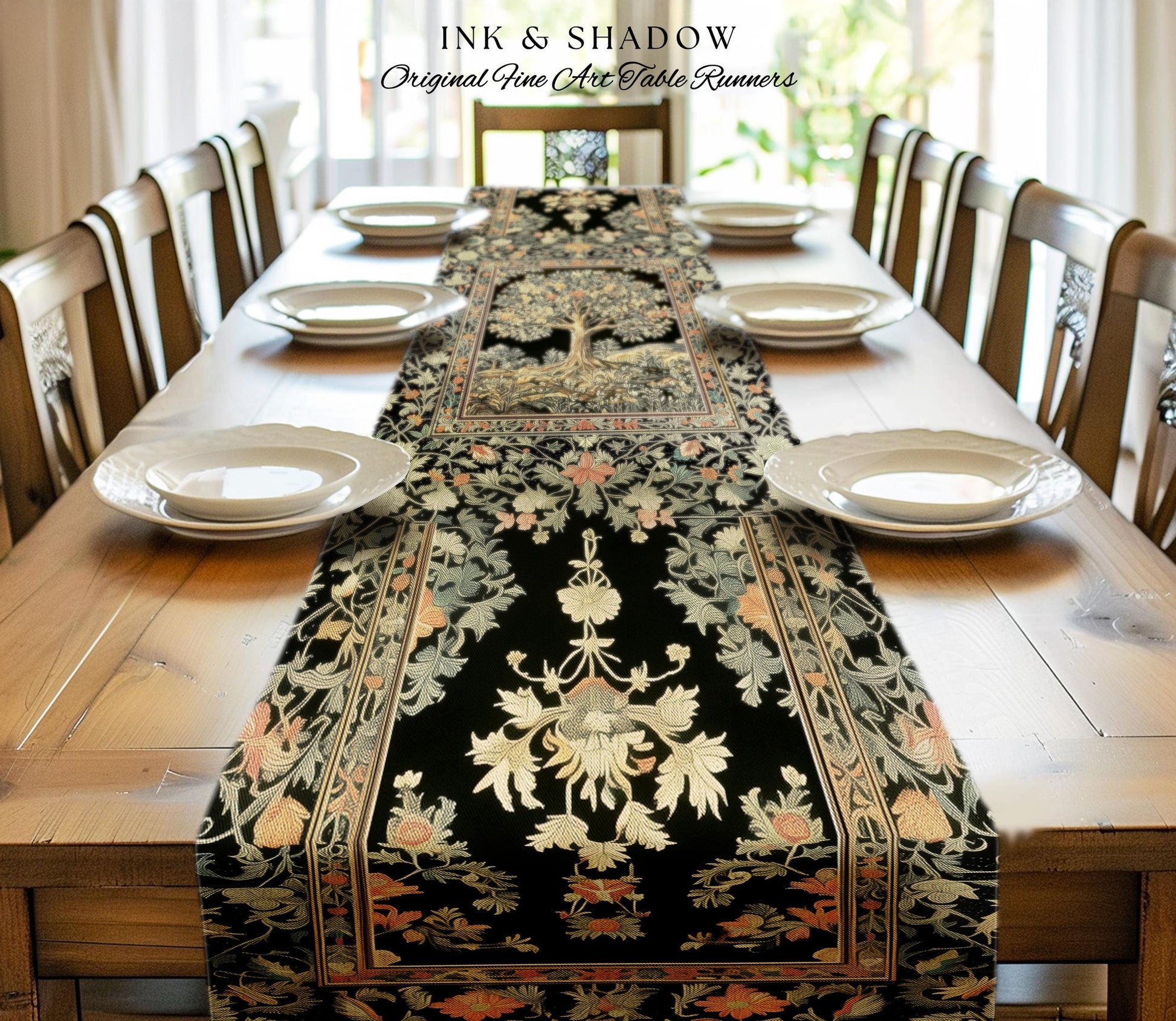 Regal Woodland Tree Table Runner | Floral Heritage Decor Parisian Style Gothic Cottagecore Aesthetic Traditional Dining Room Chateaucore |