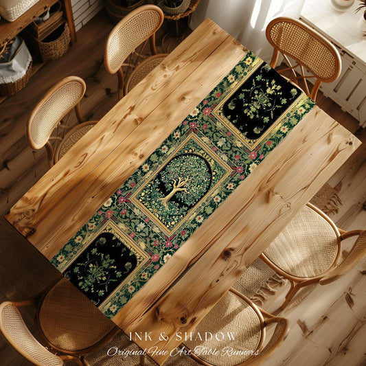 Forest Green Heritage Tree Table Runner | Lush Botanical Dining Room Crimson Floral Border Vintage Cottagecore Maximalist Medieval Aesthetic