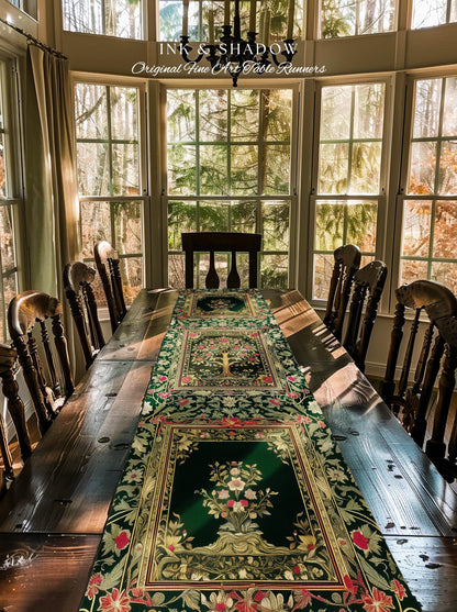Rosy Botanical Rustic Tree Table Runner | Woodland Cottagecore Folklore Aesthetic Romantic Vintage Fairycore Dining Room Soft Aesthetic Art