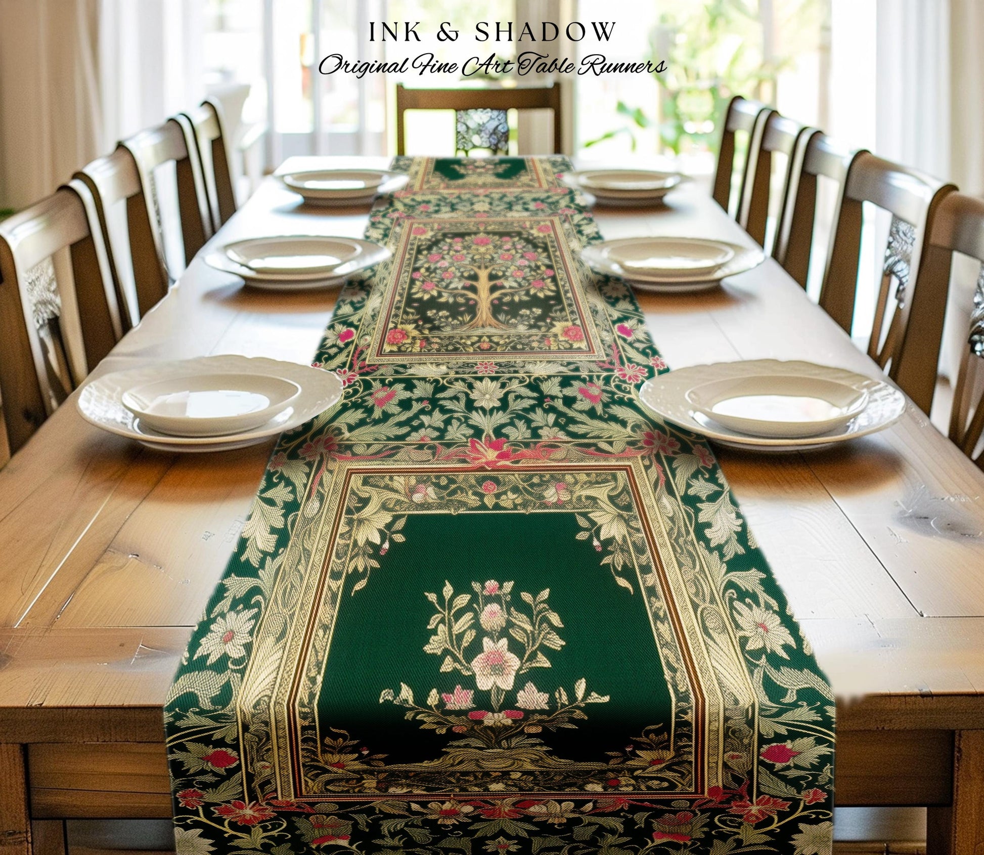 Rosy Botanical Rustic Tree Table Runner | Woodland Cottagecore Folklore Aesthetic Romantic Vintage Fairycore Dining Room Soft Aesthetic Art