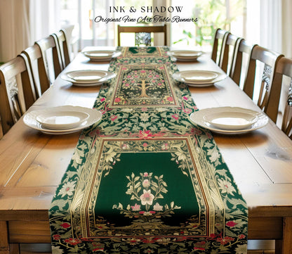 Rosy Botanical Rustic Tree Table Runner | Woodland Cottagecore Folklore Aesthetic Romantic Vintage Fairycore Dining Room Soft Aesthetic Art
