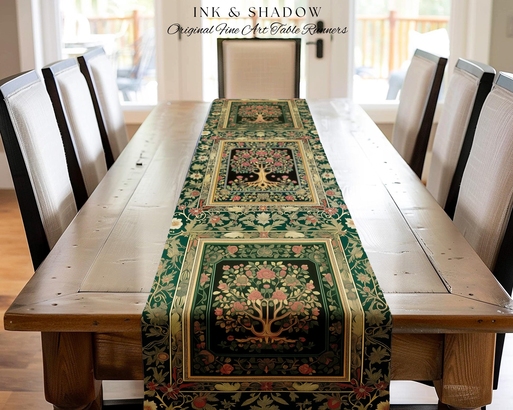 Floral Victorian Garden Tree Table Runner | Baroque Floral Design Folk Art Inspired Medieval Botanical Dining Romantic Rococo Cottagecore |