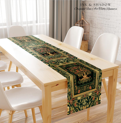 Floral Victorian Garden Tree Table Runner | Baroque Floral Design Folk Art Inspired Medieval Botanical Dining Romantic Rococo Cottagecore |