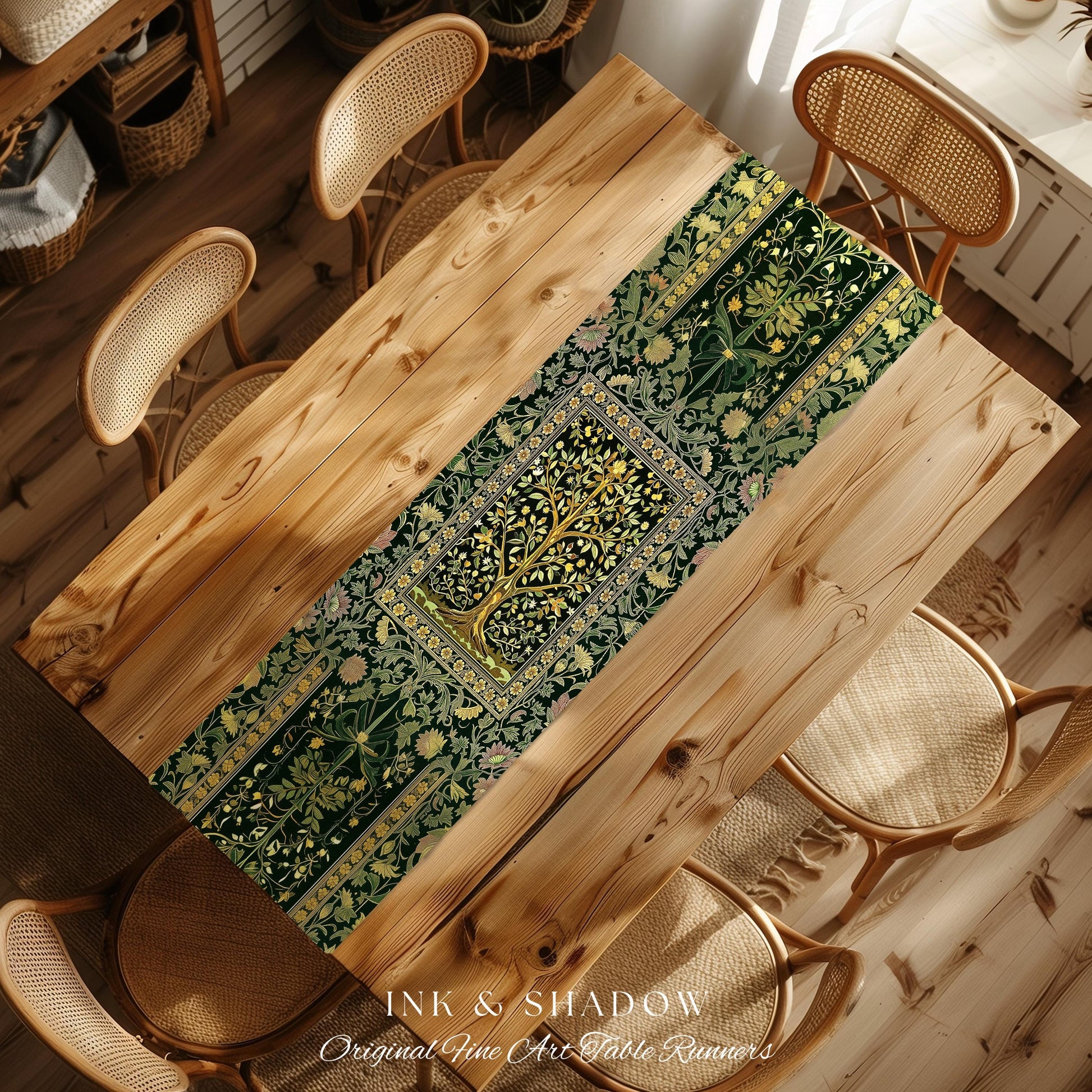 Golden Aesthetic Tree of Life Table Runner | Emerald Botanical Decor Romantic Folklore Gothic Vintage Floral Maximalist Dining Room Accent |