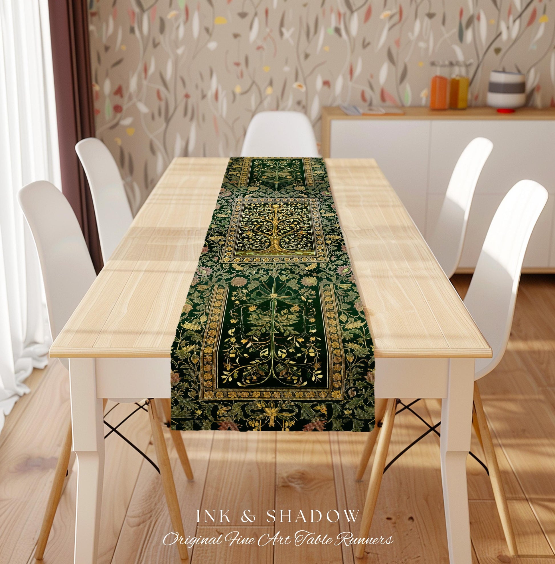 Golden Aesthetic Tree of Life Table Runner | Emerald Botanical Decor Romantic Folklore Gothic Vintage Floral Maximalist Dining Room Accent |
