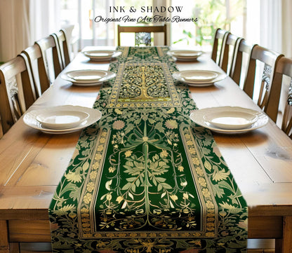 Golden Aesthetic Tree of Life Table Runner | Emerald Botanical Decor Romantic Folklore Gothic Vintage Floral Maximalist Dining Room Accent |
