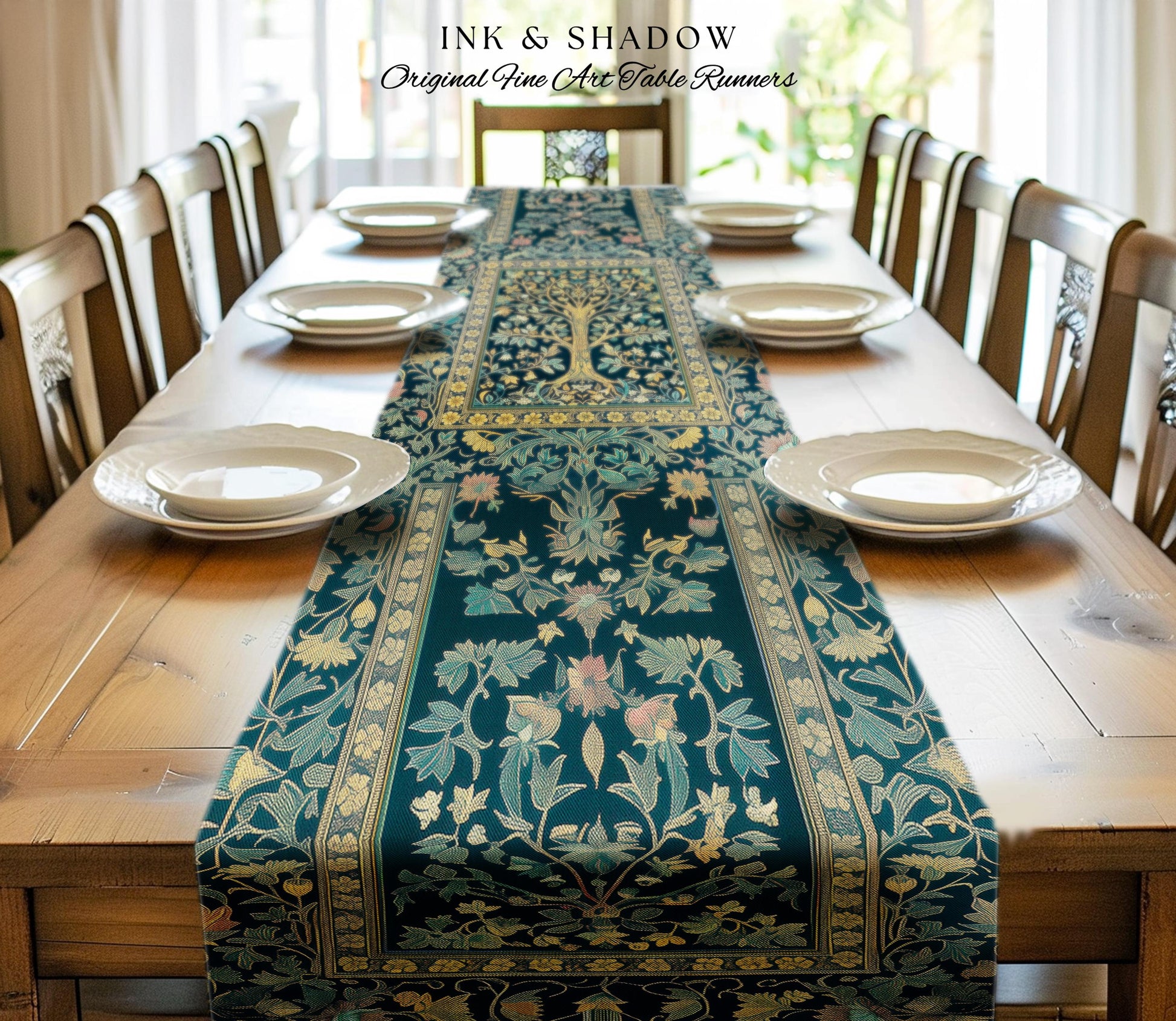 Elegant Cool Toned Tree Table Runner | Enchanted Bohemian Decor Ornate Botanical Accent Romantic Maximalist Gothic Style Dining Room Boho |