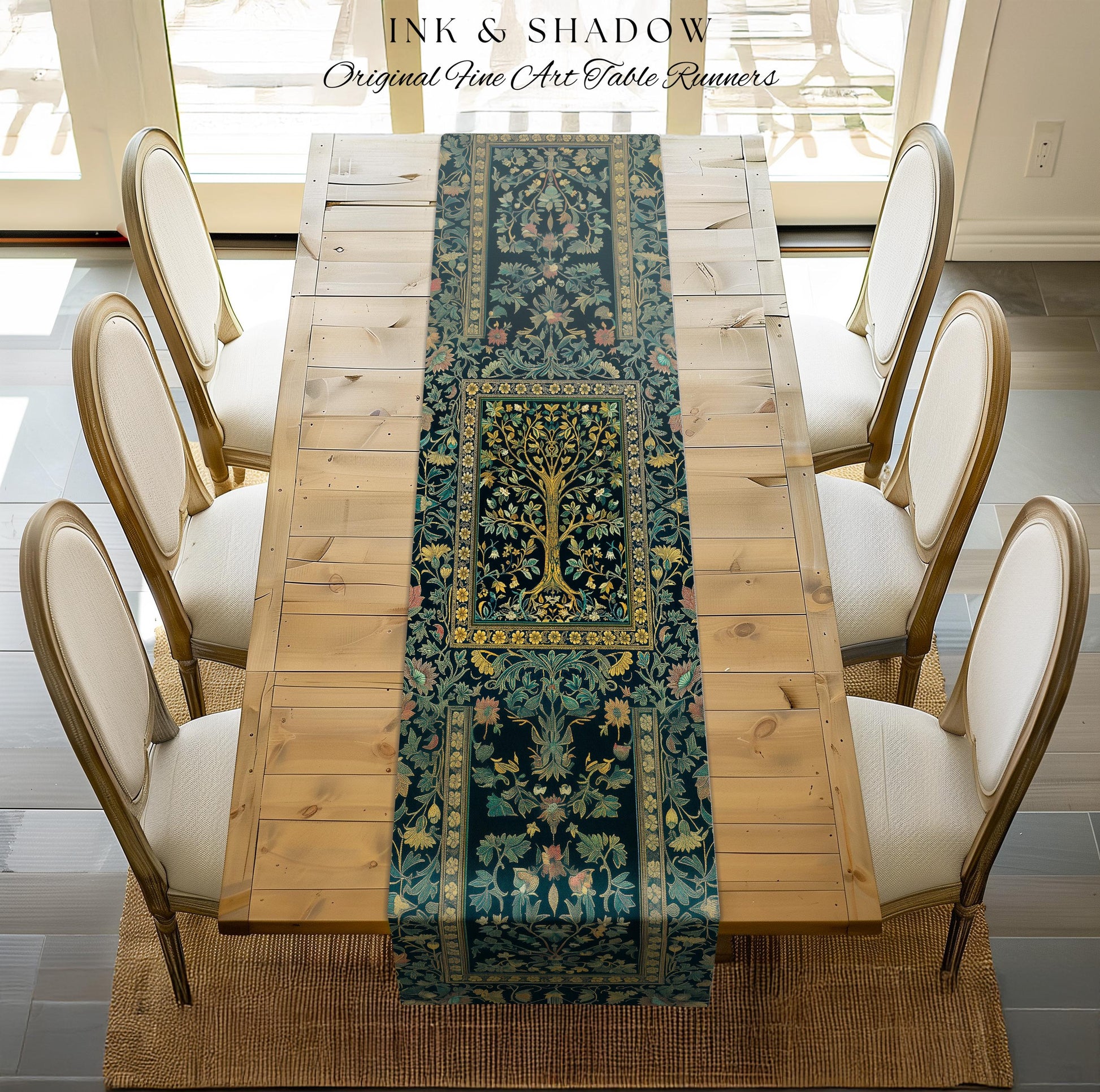 Elegant Cool Toned Tree Table Runner | Enchanted Bohemian Decor Ornate Botanical Accent Romantic Maximalist Gothic Style Dining Room Boho |