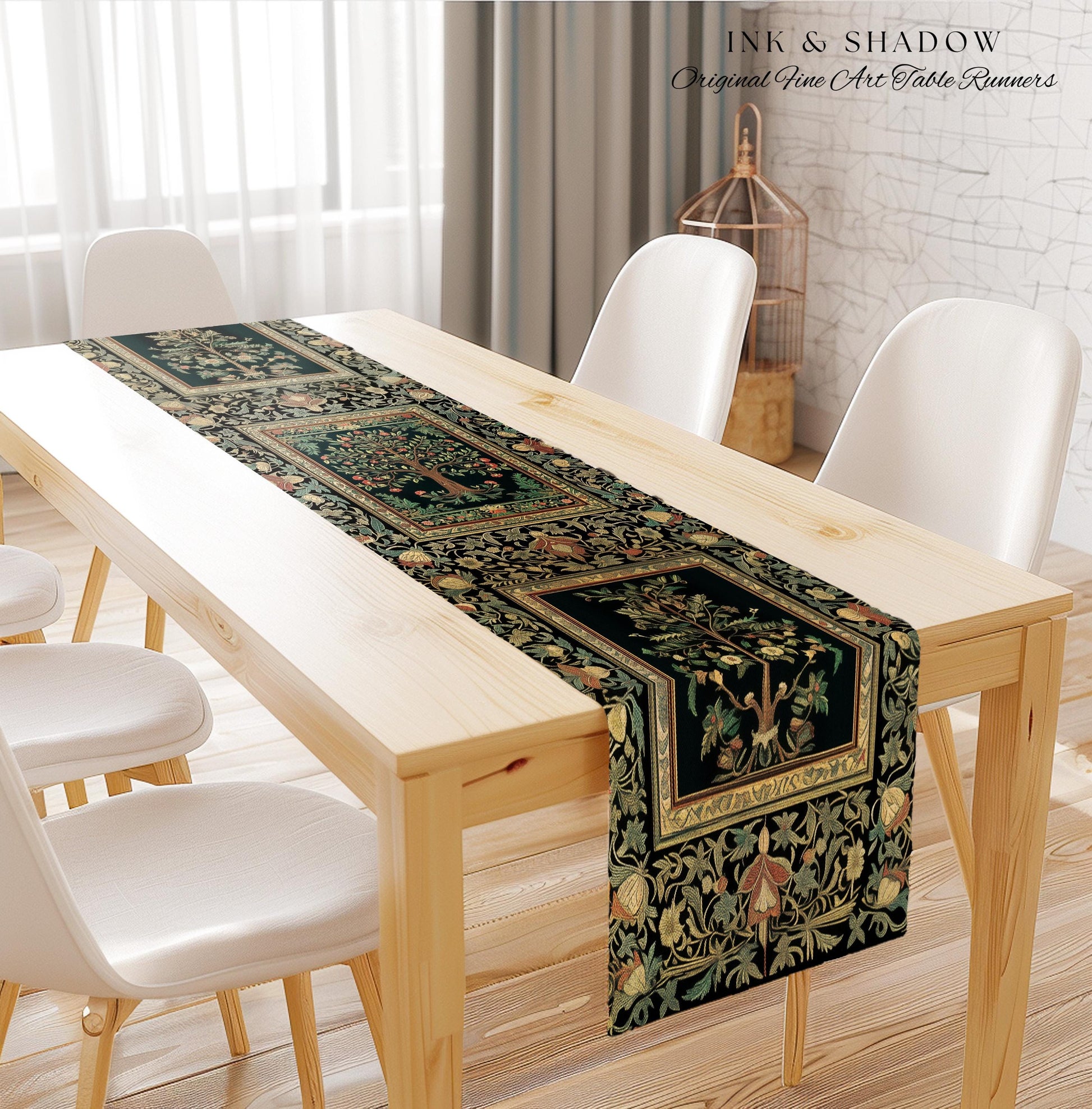 Medieval Folk Art Dark Floral Table Runner | Ornate Tree of Life Morris Style Fairytale Folklore Cottagecore Botanical Decor Jewel Tones |