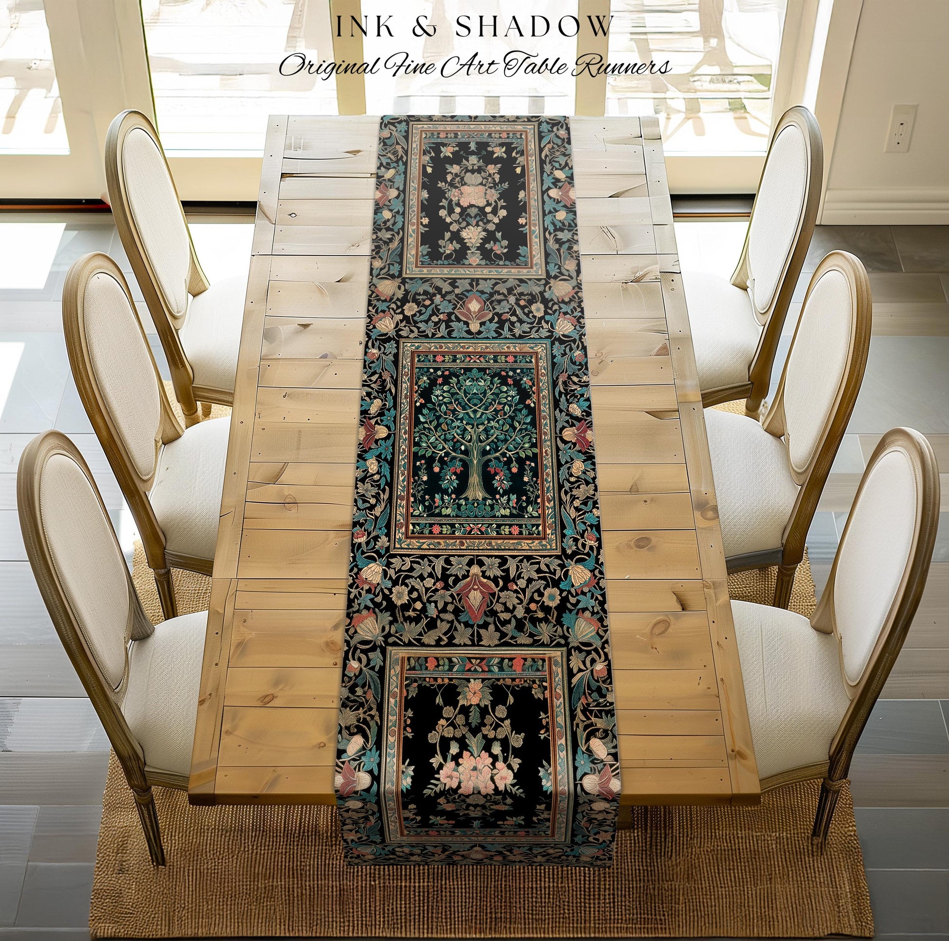 Mystic Ornamental Morris Inspired Tree Table Runner | Cool Tones Botanical Design Fairytale Floral Art Romantic Aesthetic Rococo Cottagecore