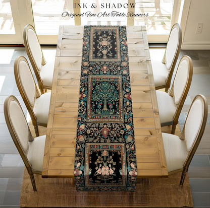 Mystic Ornamental Morris Inspired Tree Table Runner | Cool Tones Botanical Design Fairytale Floral Art Romantic Aesthetic Rococo Cottagecore