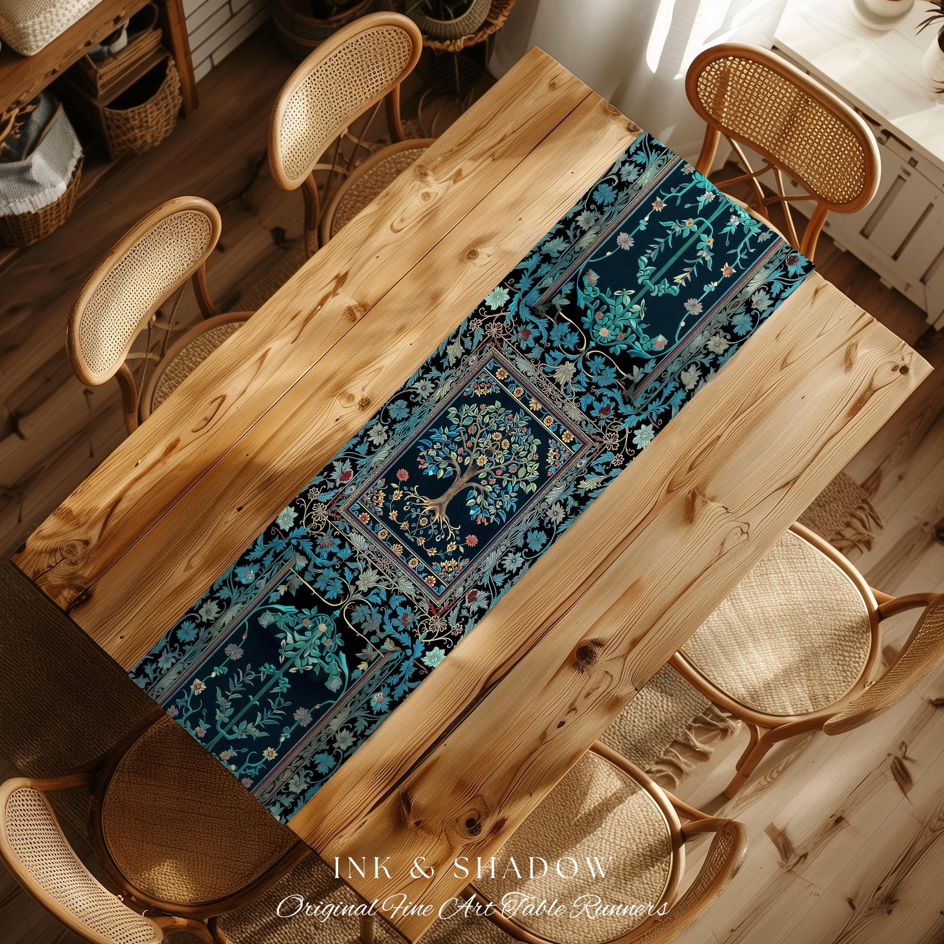 Moody Gothic Blues Tree of Life Table Runner | Mystical Garden Theme Vintage Floral Decor Romantic Folk Art Forestcore Maximalist Style |