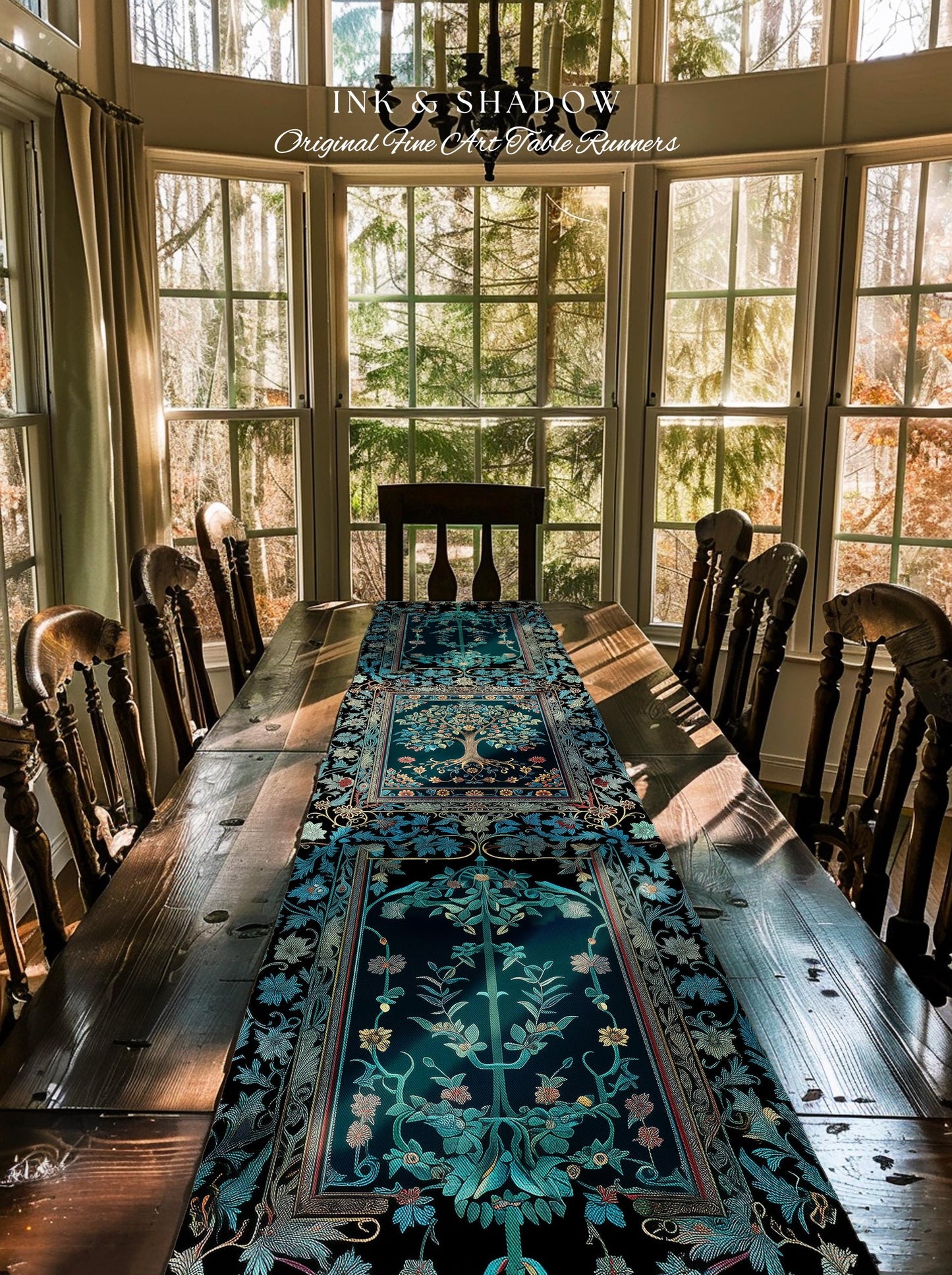 Moody Gothic Blues Tree of Life Table Runner | Mystical Garden Theme Vintage Floral Decor Romantic Folk Art Forestcore Maximalist Style |