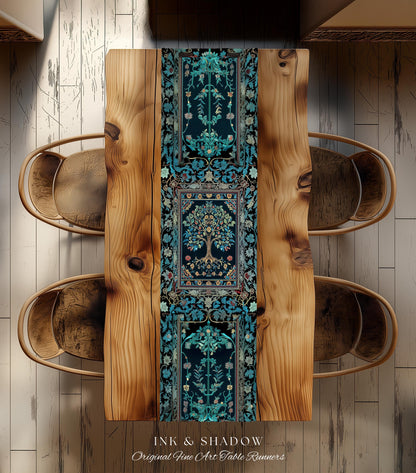 Moody Gothic Blues Tree of Life Table Runner | Mystical Garden Theme Vintage Floral Decor Romantic Folk Art Forestcore Maximalist Style |