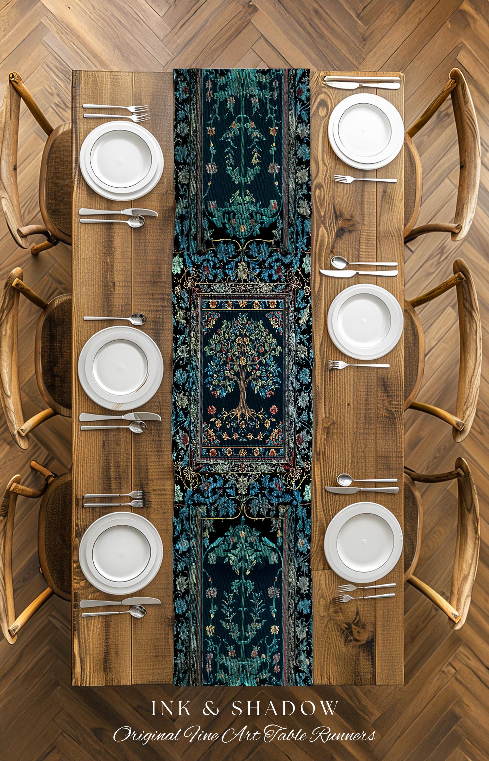 Moody Gothic Blues Tree of Life Table Runner | Mystical Garden Theme Vintage Floral Decor Romantic Folk Art Forestcore Maximalist Style |