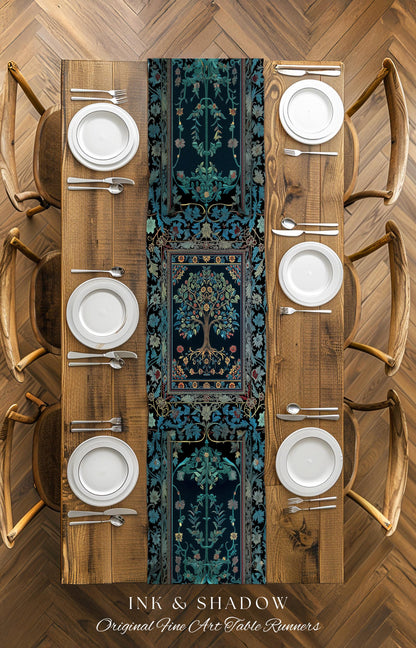 Moody Gothic Blues Tree of Life Table Runner | Mystical Garden Theme Vintage Floral Decor Romantic Folk Art Forestcore Maximalist Style |