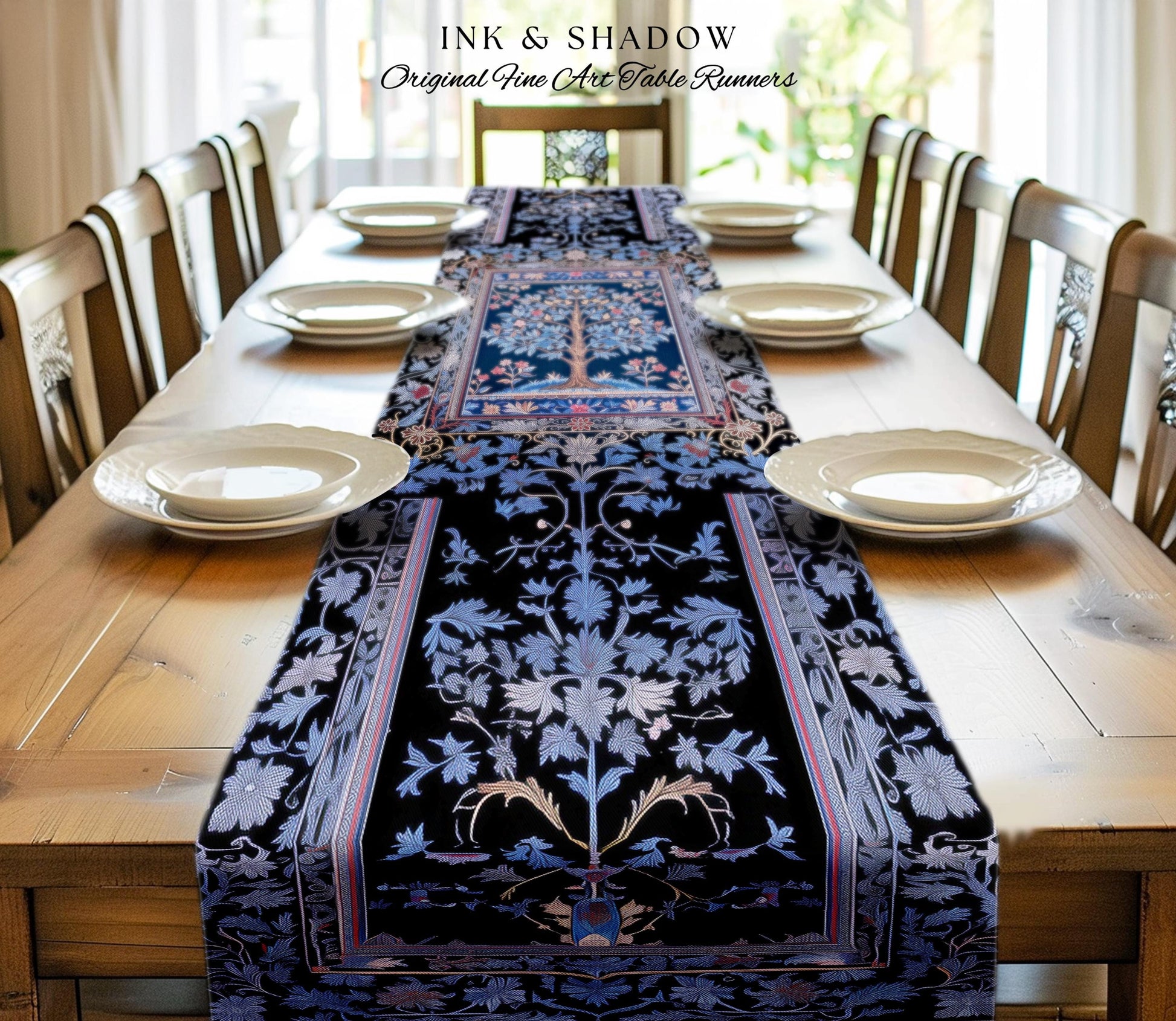 Dark Woodland Rich Baroque Tree of Life Table Runner | Intricate Garden Decor Romantic Baroque Floral Morris Inspired Woodland Folk Art |