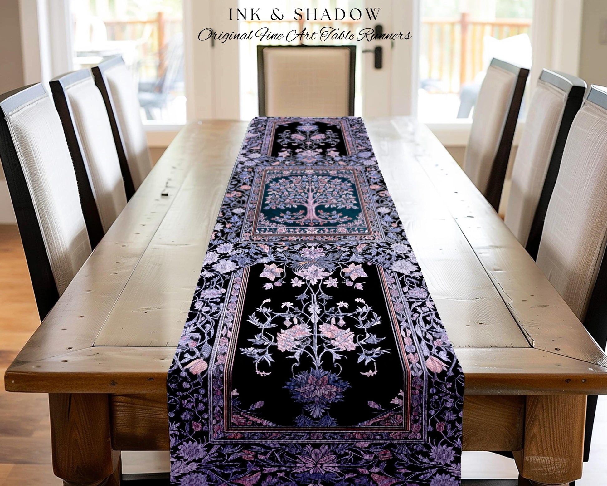 Whimsical Lavender Tree of Life Table Runner | Pastel Botanical Theme Romantic Cottagecore Decor Medieval Gothic Style Vintage Folk Art |