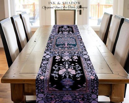 Whimsical Lavender Tree of Life Table Runner | Pastel Botanical Theme Romantic Cottagecore Decor Medieval Gothic Style Vintage Folk Art |