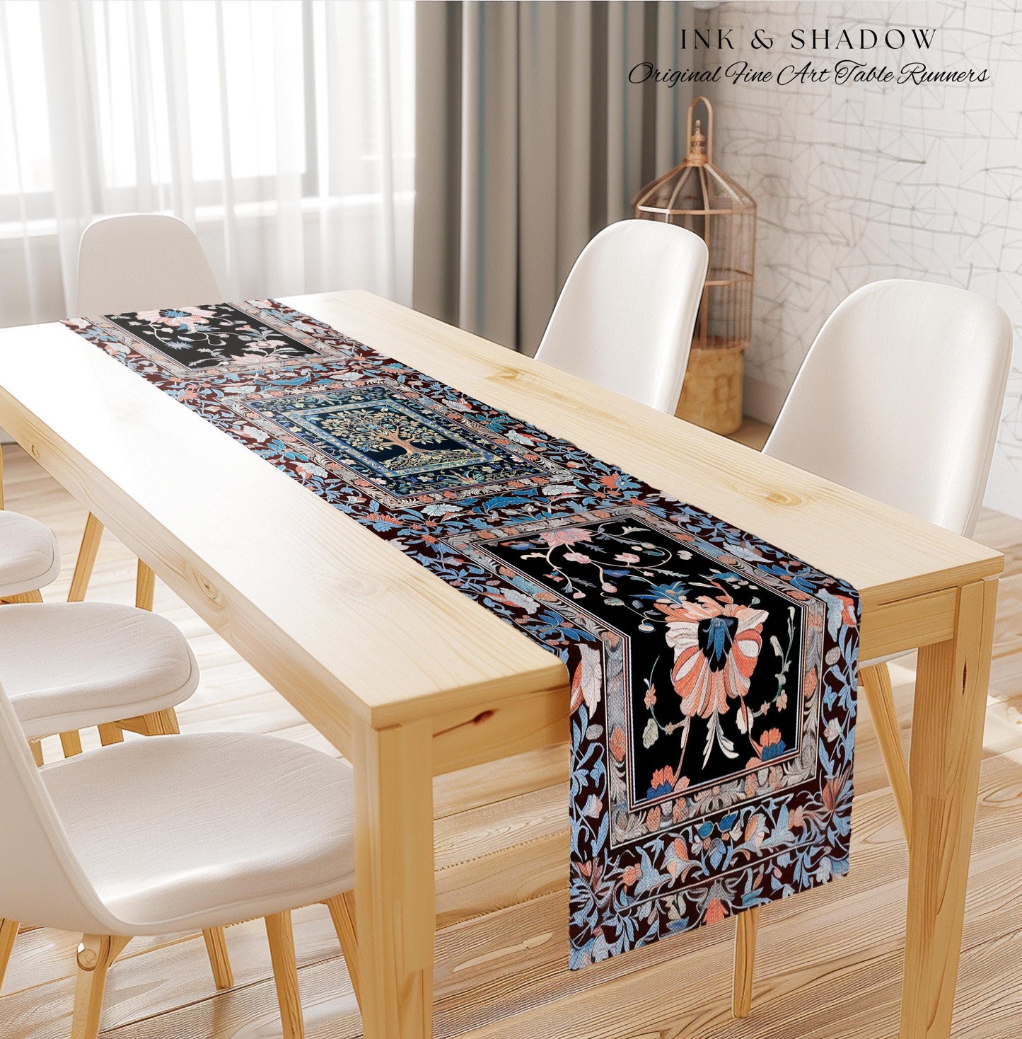 Indie Eclectic Medieval Tree of Life Table Runner | Baroque Botanical Maximalist Floral Decor Folklore Inspired Design Cottagecore Purple |
