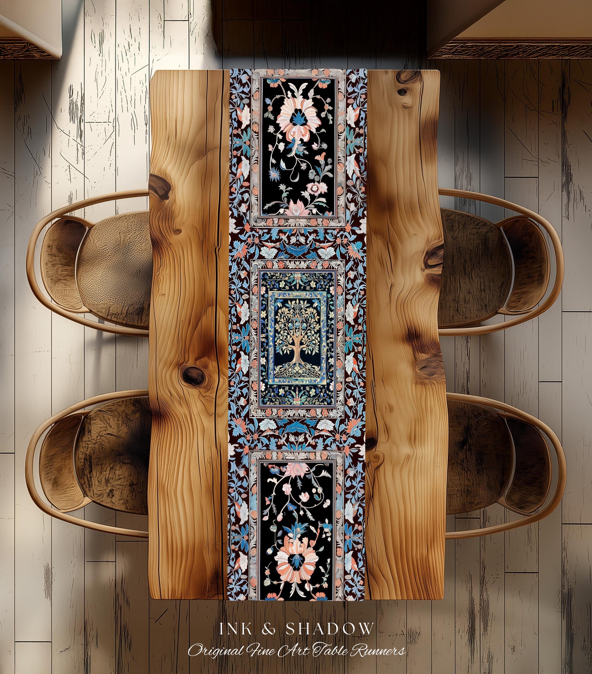 Indie Eclectic Medieval Tree of Life Table Runner | Baroque Botanical Maximalist Floral Decor Folklore Inspired Design Cottagecore Purple |