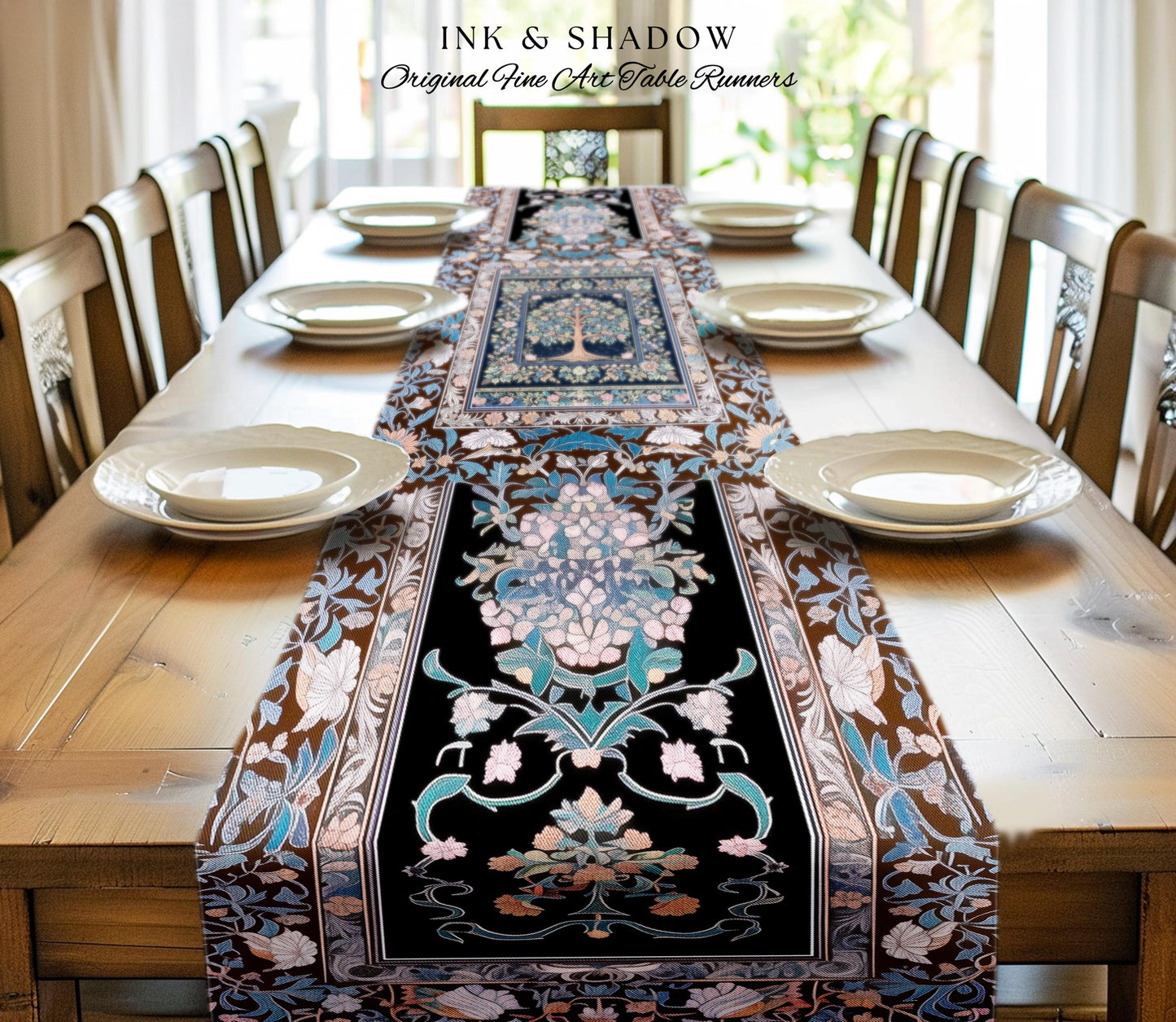 Ornate Grove Tree of Life Table Runner | Lush Floral Detailing Heirloom Pastel Baroque Nature Theme Cottagecore Dining Room Decor Accent |