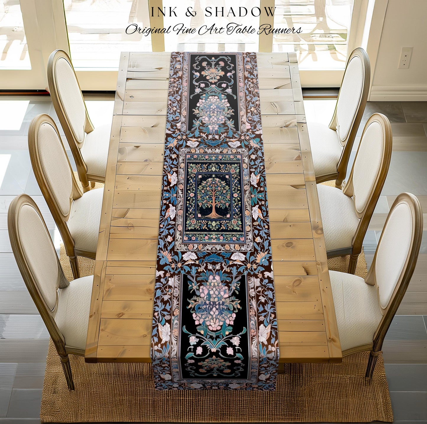 Ornate Grove Tree of Life Table Runner | Lush Floral Detailing Heirloom Pastel Baroque Nature Theme Cottagecore Dining Room Decor Accent |