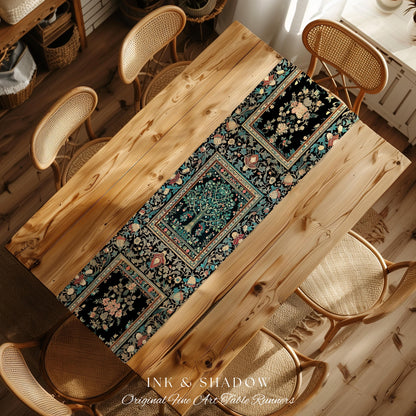 Mystic Ornamental Morris Inspired Tree Table Runner | Cool Tones Botanical Design Fairytale Floral Art Romantic Aesthetic Rococo Cottagecore