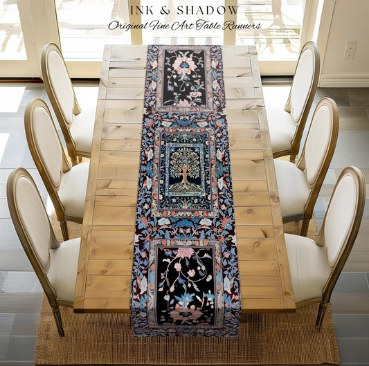 Indie Eclectic Medieval Tree of Life Table Runner | Baroque Botanical Maximalist Floral Decor Folklore Inspired Design Cottagecore Purple |