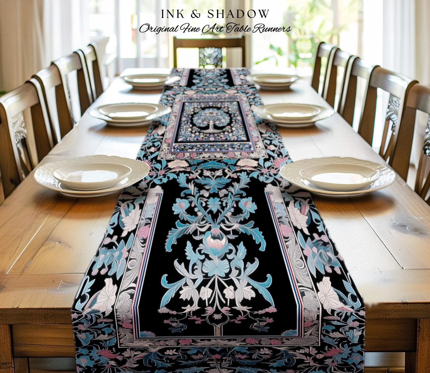 Timeless Folklore Tree Table Runner | Gothic Floral Medieval Ornate Nature Motif Romantic Garden Aesthetic Dining Room Decor Maximalist Home