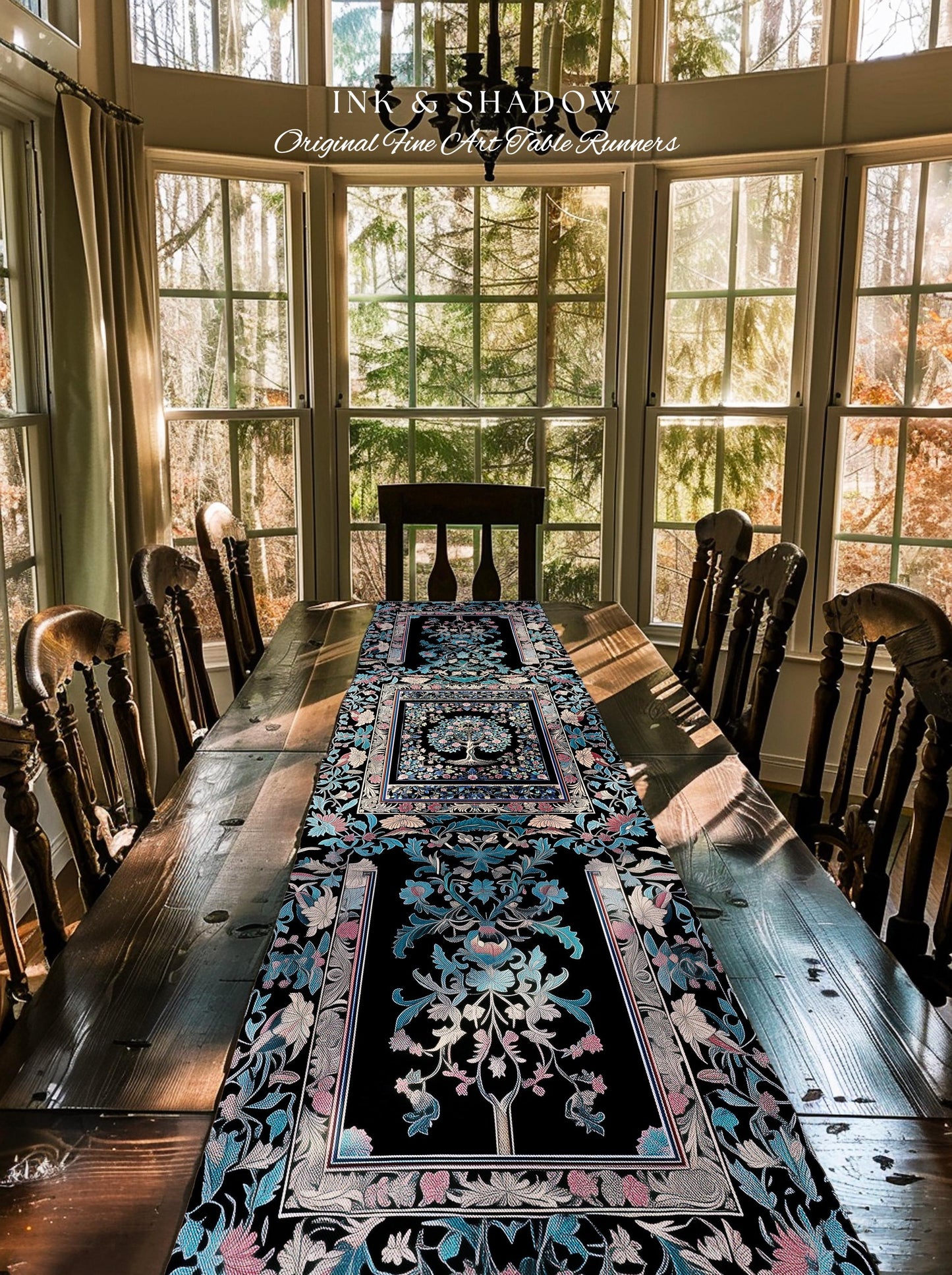 Timeless Folklore Tree Table Runner | Gothic Floral Medieval Ornate Nature Motif Romantic Garden Aesthetic Dining Room Decor Maximalist Home