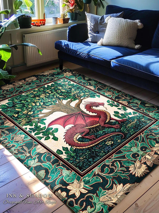 Medieval Woodland Dragon Accent Rug | Botanical Goblincore Bedroom Whimsigothic Style Fairycore Cottagecore Aesthetic Moody Dark Academia |