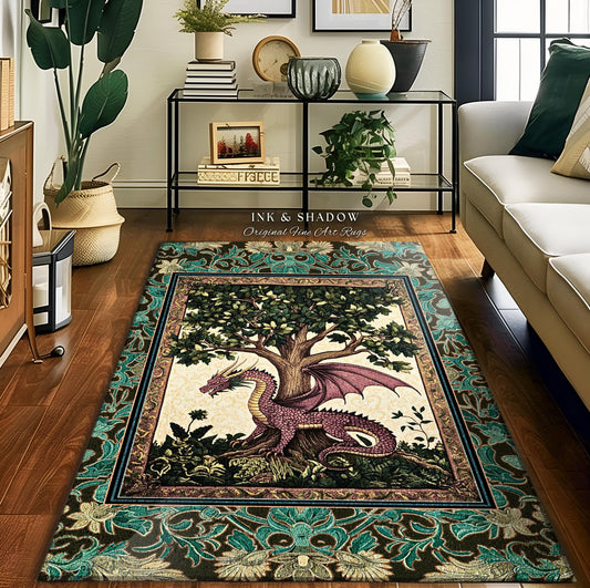 May include: A green, brown, and white rug with a dragon and tree design. The rug has a border of green and brown floral patterns. The rug is labeled &#39;Ink & Shadow Original Fine Art Rugs&#39;.