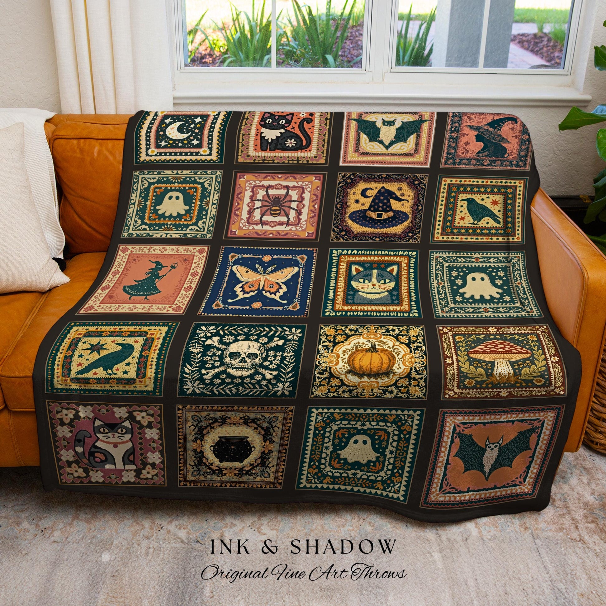 Rustic Halloween Cozy Throw Blanket | Gothic Bedroom Accent Witchcore Decor Cat Tapestry Gift for Goths Cottagecore Witchy Cute Aesthetic |