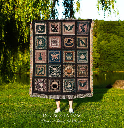 Rustic Halloween Cozy Throw Blanket | Gothic Bedroom Accent Witchcore Decor Cat Tapestry Gift for Goths Cottagecore Witchy Cute Aesthetic |