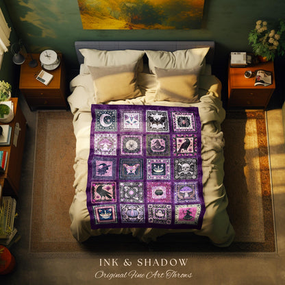Autumnal Whimsy Purple Throw Blanket | Cozy Gothic Witchcore Decor Dark Academia Accent Halloween Tapestry Gift for Cute Bedroom Style Retro