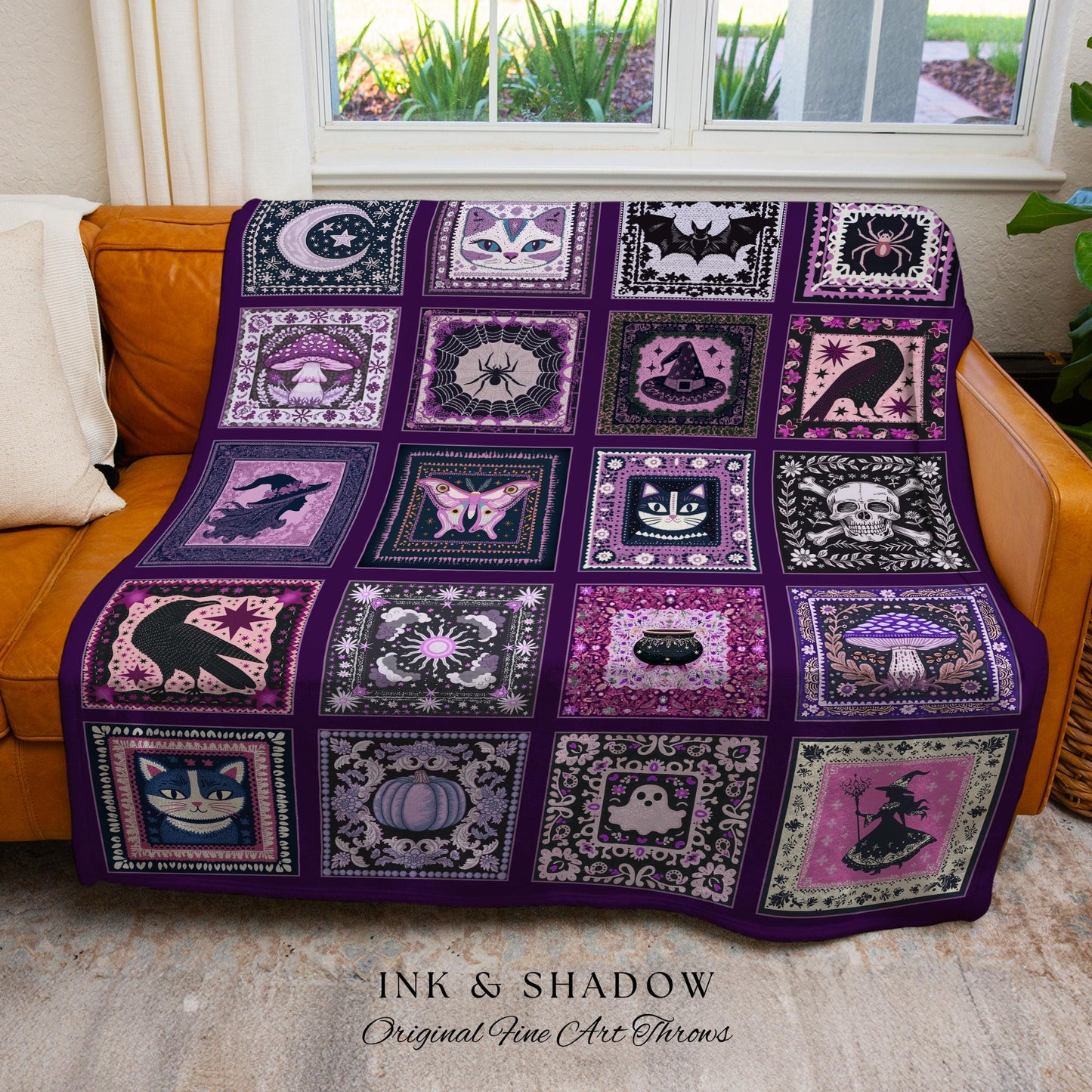 Autumnal Whimsy Purple Throw Blanket | Cozy Gothic Witchcore Decor Dark Academia Accent Halloween Tapestry Gift for Cute Bedroom Style Retro