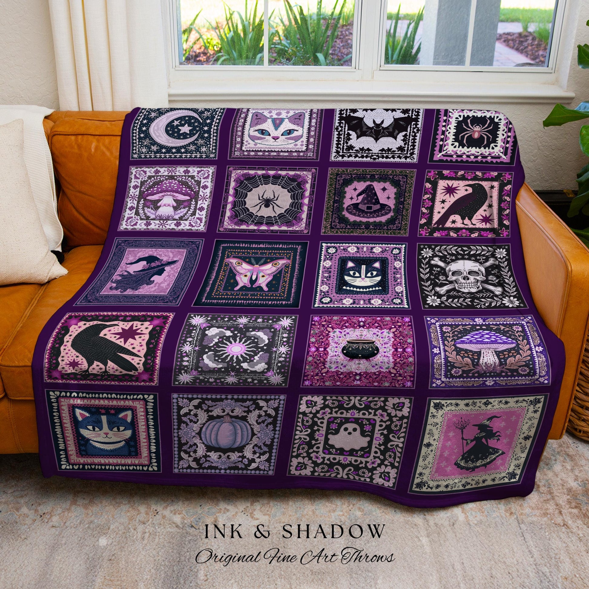 Autumnal Whimsy Purple Throw Blanket | Cozy Gothic Witchcore Decor Dark Academia Accent Halloween Tapestry Gift for Cute Bedroom Style Retro