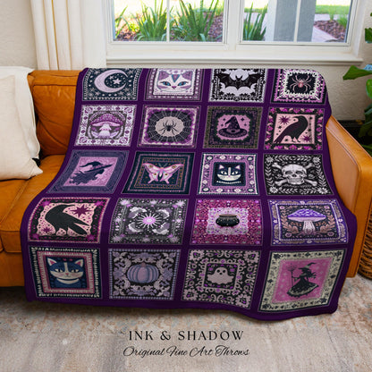 Autumnal Whimsy Purple Throw Blanket | Cozy Gothic Witchcore Decor Dark Academia Accent Halloween Tapestry Gift for Cute Bedroom Style Retro